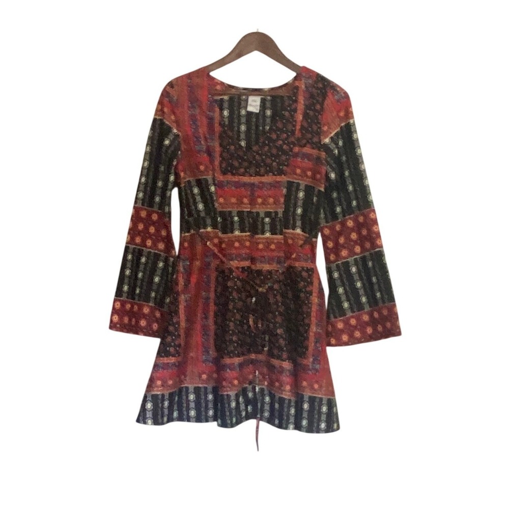 American Rag Cie Boho‎ Patchwork Mini Dress Bell Sleeve Button Front Tie Waist S